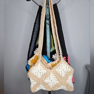 Handmade Crochet Granny Square Shoulder Bag Lined- Cream and Tan